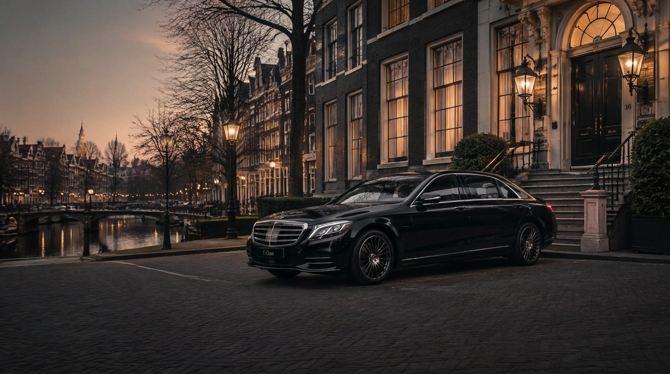 Zwarte Mercedes-Benz S-Klasse met chauffeur bij een Amsterdams grachtenpand in de schemering