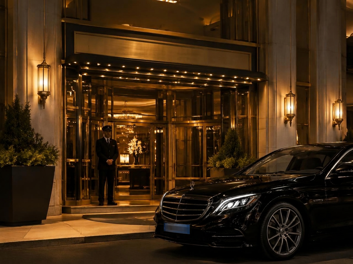 Mercedes voor de ingang van een luxehotel