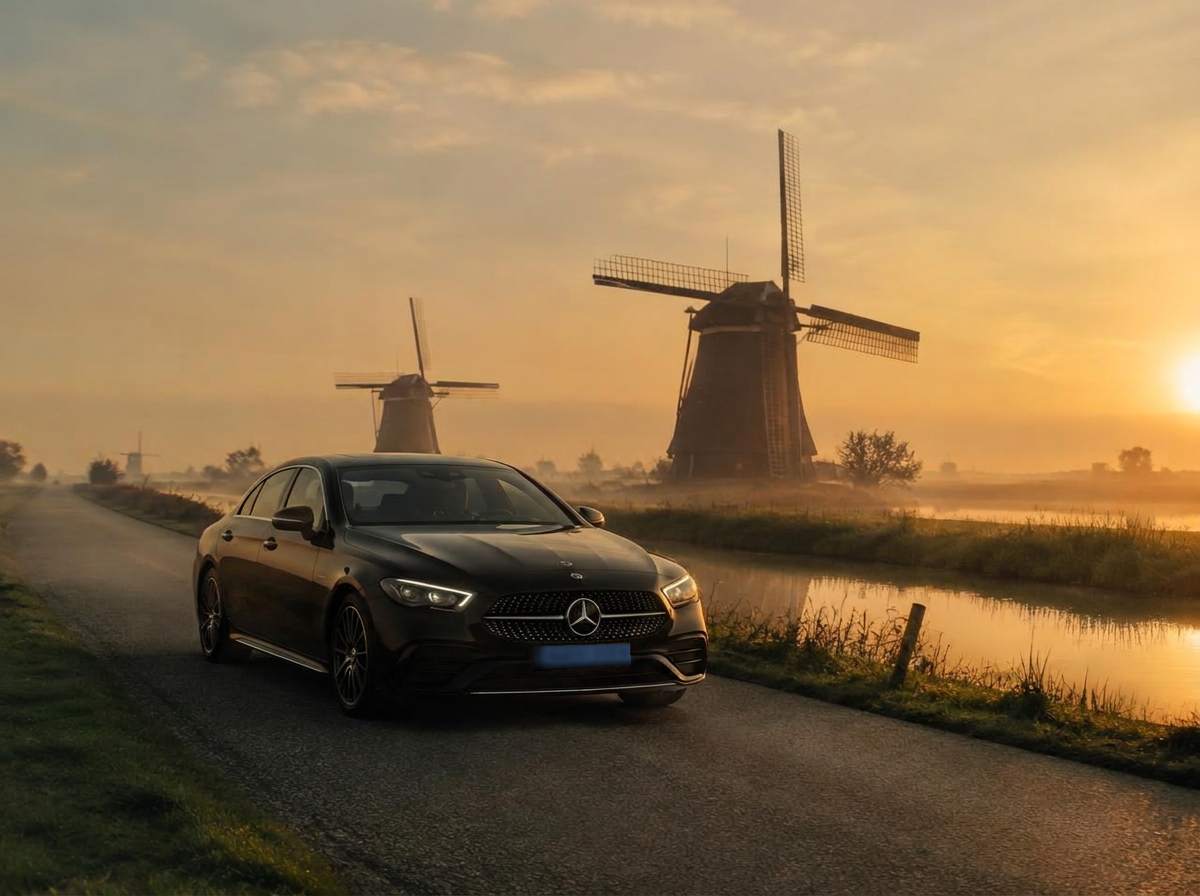 Mercedes op een snelweg door het Hollandse landschap
